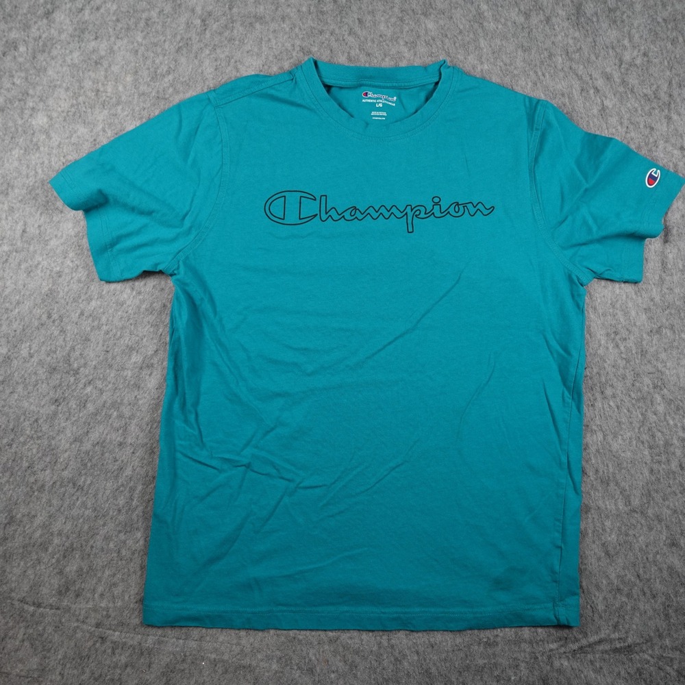 Champion Shirt Men Large Teal Blue Green Short Sleeve Cotton Script Logo Graphic